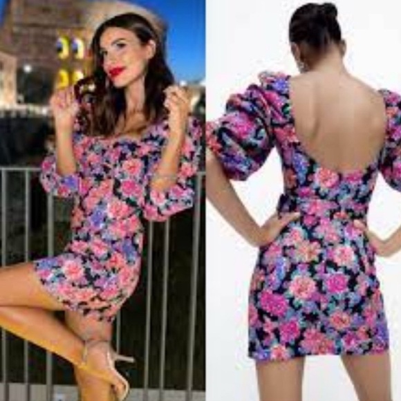 Zara NWT Floral Puff Sleeve Mini Dress Large - Picture 3 of 12